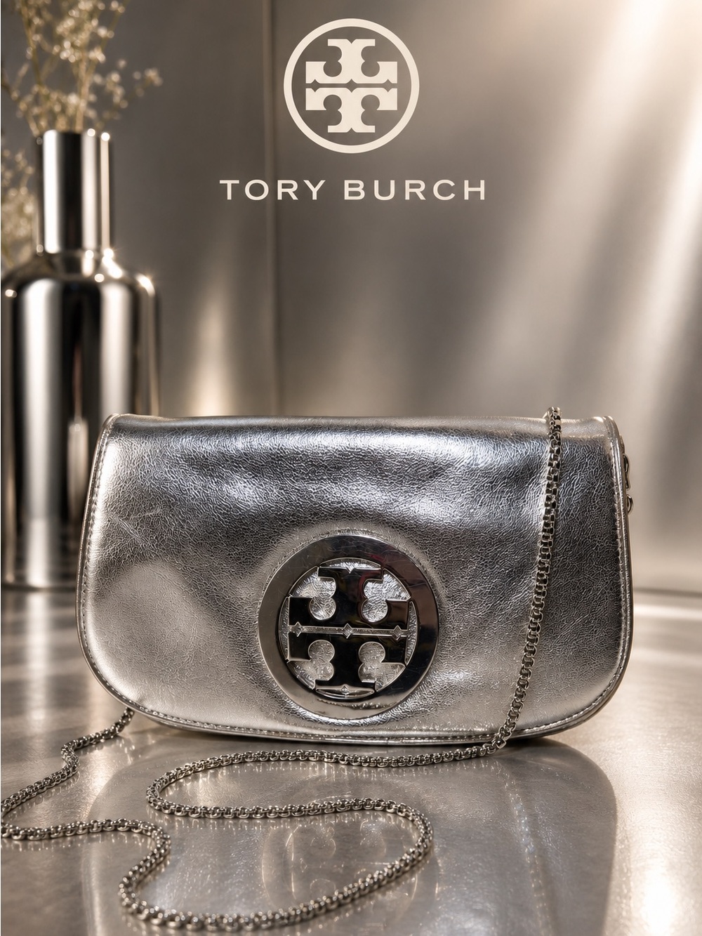 Tory Burch Silver Metallic Reva Logo Clutch Crossbody Chain Bag